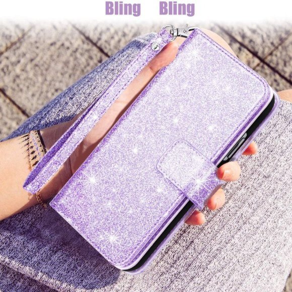 PHONE 11 6.1" GILTTER PURPLE FLIP WALLET WRIST STRAP CARD HOLDER - Picture 3 of 16